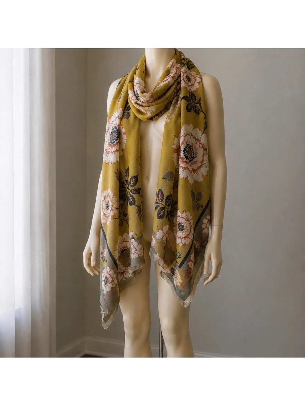 Oversized Mustard Floral Blanket Scarf Wrap Shawl Fringe Hem Boho Fall